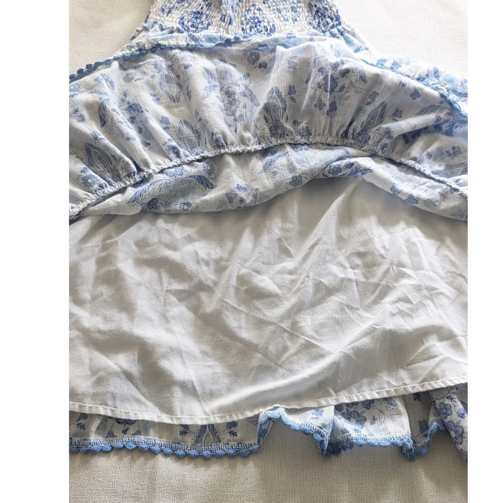 Haute Hippie Sun Dress Sz 7 Blue White Floral Paisley Smocked Tiered Boho Beach